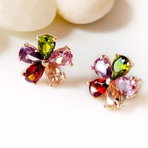 Multicolored flower stud earrings, rainbows gemstone flower earrings, gift for her, gift for daughter
