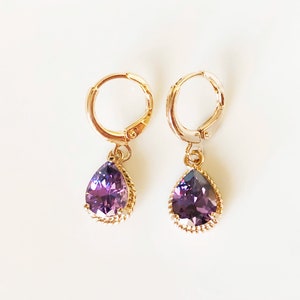Amethyst gemstone huggie dangling earring in 14k rose gold | Etsy