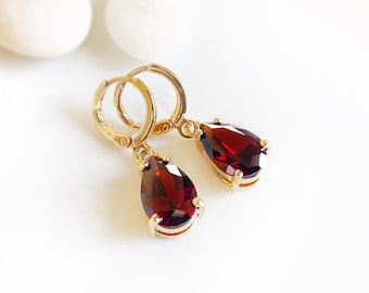 Teardrop garnet dangle earrings, red gemstone drop earrings, January birthstone, gift for her, gift for mom