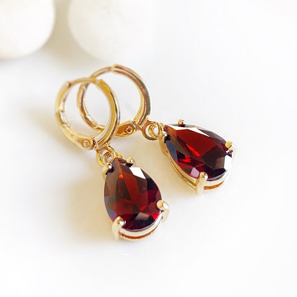 Teardrop garnet dangle earrings, red gemstone drop earrings, January birthstone, gift for her, gift for mom