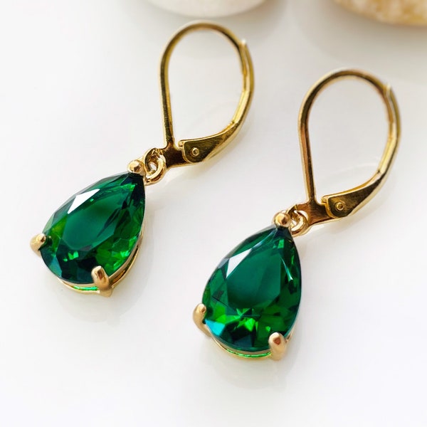 Teardrop emerald earring gold, green gemstone drop earrings, gift for her, gift for mom, May birthstone, ruby drop earrings