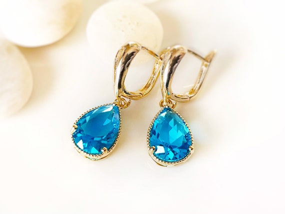 Blue Topaz Teardrop Dangle Earrings December Birthstones Blue