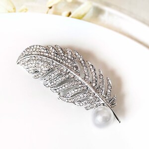 Pearl crystal pave feather brooch pin white gold plated, crystal feather silver brooch, wedding bouquet brooch, gift for her, gift for mom image 2