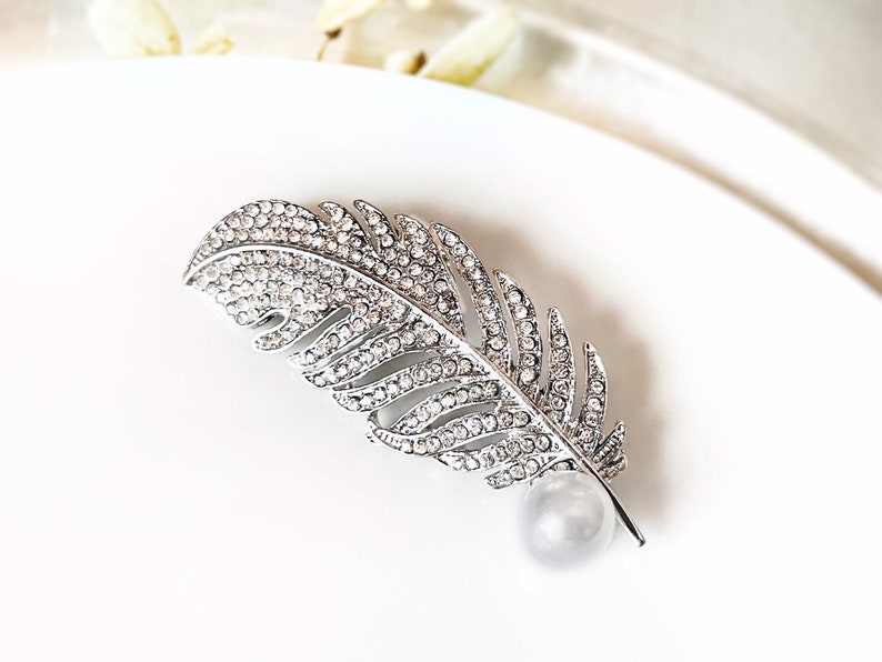 Pearl crystal pave feather brooch pin white gold plated, crystal feather silver brooch, wedding bouquet brooch, gift for her, gift for mom image 2