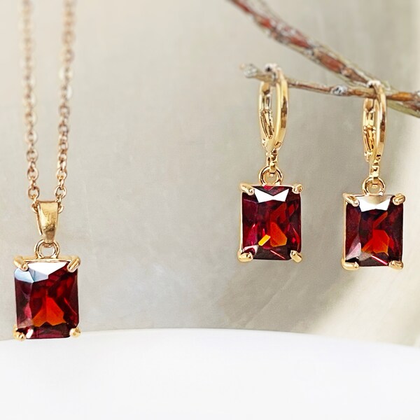 Garnet 2pc jewelry set, dark red small emerald cut gemstone dangle earring necklace set, gift for her, January birthstone, bridal gift