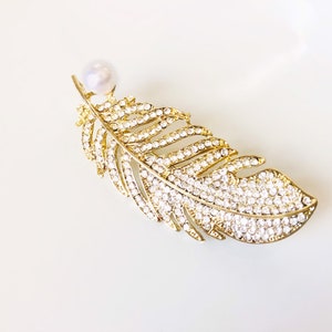 Pearl crystal pave feather brooch pin white gold plated, crystal feather silver brooch, wedding bouquet brooch, gift for her, gift for mom image 6