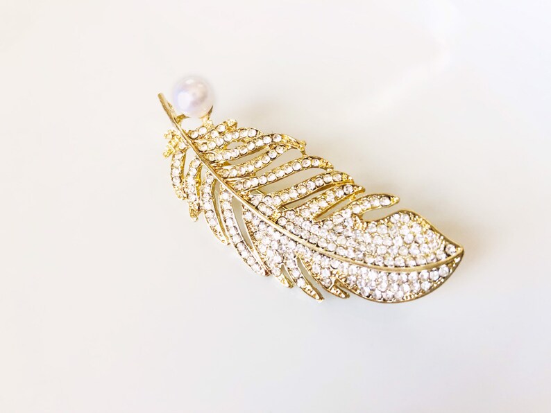 Pearl crystal pave feather brooch pin white gold plated, crystal feather silver brooch, wedding bouquet brooch, gift for her, gift for mom image 6