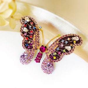 Multicolored butterfly crystal brooch, purple butterfly gold brooch, gift for her, gift for mom