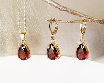 Garnet teardrop 2pc jewelry set, red gemstone dangle earring necklace set, gift for her, gift for girl, January birthstone, bridal jewelry