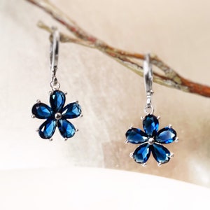 Sapphire flower dangle earrings, sapphire blue gemstone earrings necklace 2pc jewelry set, September birthstone earrings, gift for her