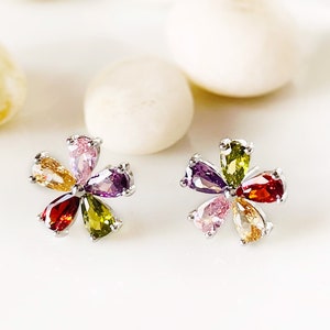 Small rainbow flower stud earrings, multicolored gemstone flower studs, gift for her, gift for girls