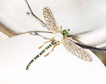 Crystal pearl dragonfly gold brooch gold, large dragonfly white green crystal pin, gift for her, gift for mom