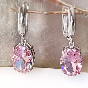 Large cushion cut pink sapphire dangle, pink gemstone drop earrings, gift for her, bridal earrings, October birthday