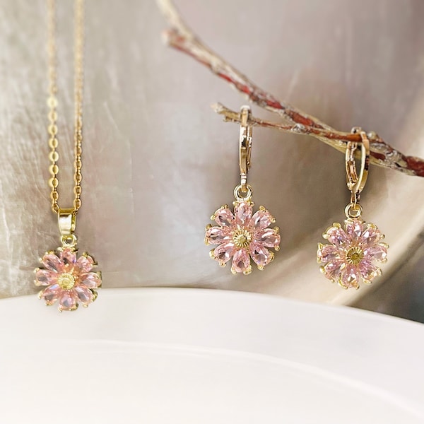 Pink sapphire daisy 2pc jewelry set, pink gemstone flower dangle earrings, pink  gem flower earrings necklace gift set, October birthstone