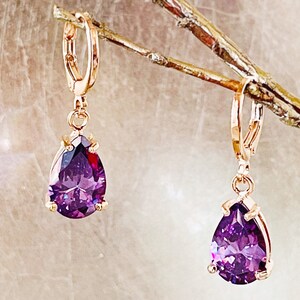 Amethyst teardrop dangle earring in 14k gold, February birthstones, purple gemstone earrings, gift for her, gift for mom Rose gold