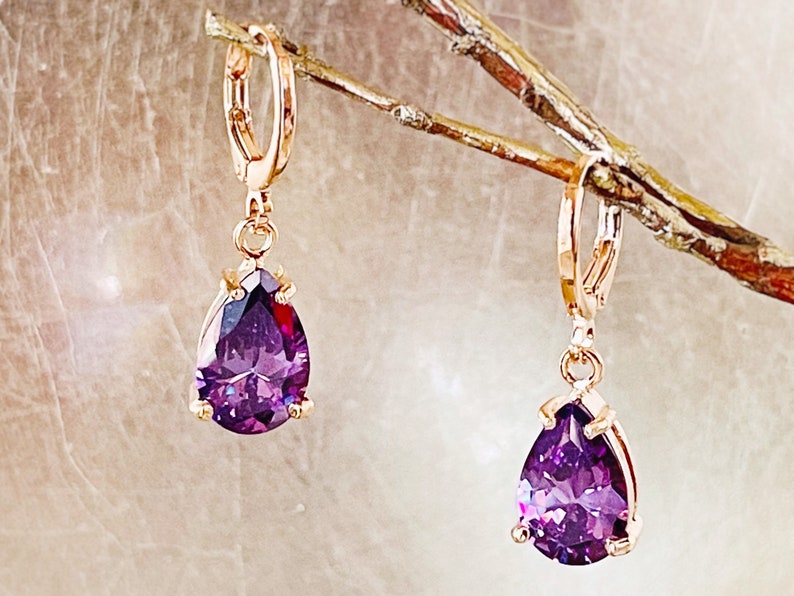 Amethyst teardrop dangle earring in 14k gold, February birthstones, purple gemstone earrings, gift for her, gift for mom Rose gold