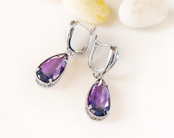 Pear shaped amethyst dangling earring in 18K white gold, gift for her, gift for mom, February birthstone