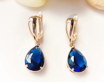 Sapphire teardrop dangle earrings, large teardrop dark blue gemstone earrings, gift for her, gift for mom, September birthstones