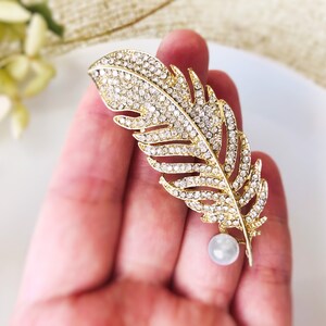 Pearl crystal pave feather brooch pin white gold plated, crystal feather silver brooch, wedding bouquet brooch, gift for her, gift for mom image 3