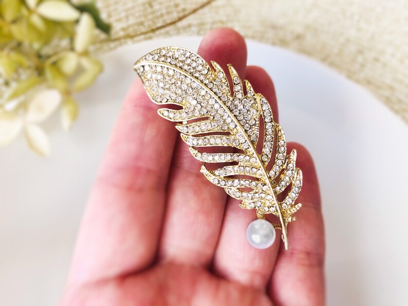 Pearl crystal pave feather brooch pin white gold plated, crystal feather silver brooch, wedding bouquet brooch, gift for her, gift for mom image 3