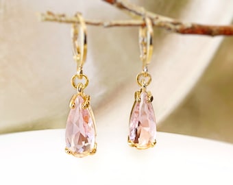 Teardrop pink sapphire huggie dangle earrings gold, elongated pink gemstone teardrops, gift for her, October birthstone earrings