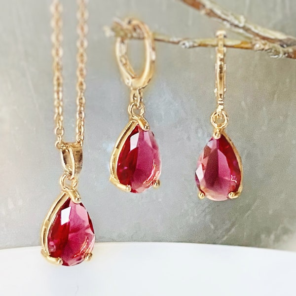 Pink tourmaline teardrop 2pc jewelry set, pink gemstone dangle earrings, October birthstones, gift for her, gift for mom