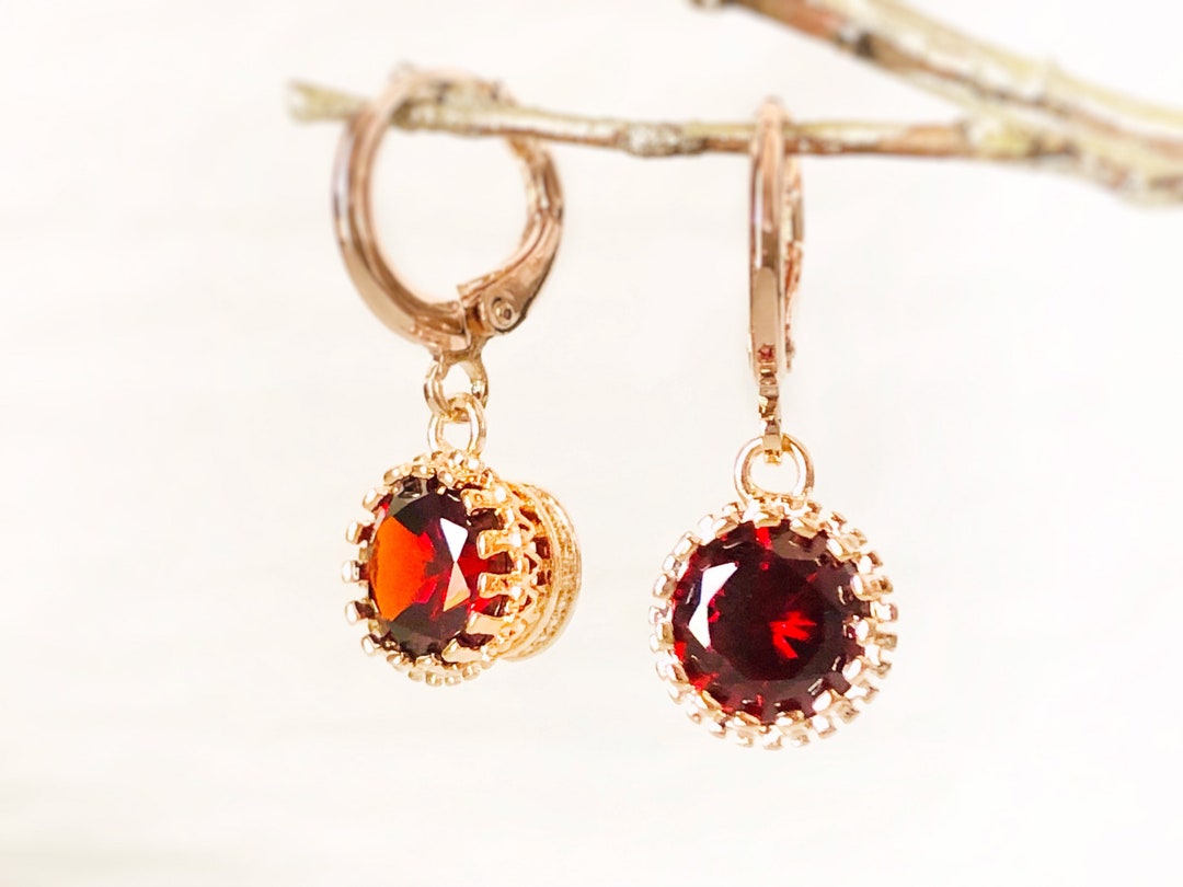 Garnet Dangle Earring in 14K Rose Gold Small Red Gemstone - Etsy