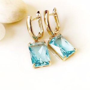 Large emerald cut aquamarine dangle earrings, March birthstone, light blue earrings, gift for mom, gift for her