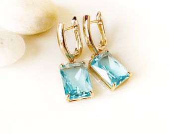 Large emerald cut aquamarine dangle earrings, March birthstone, light blue earrings, gift for mom, gift for her