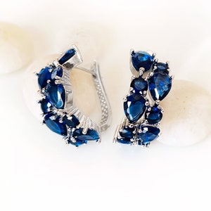 Blue white sapphire statement hoop earrings, blue white gemstone large cluster hoops, September birthstone, gift for mom, gift for her