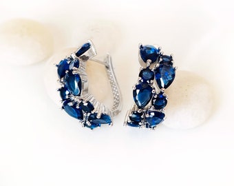 Blue white sapphire statement hoop earrings, blue white gemstone large cluster hoops, September birthstone, gift for mom, gift for her