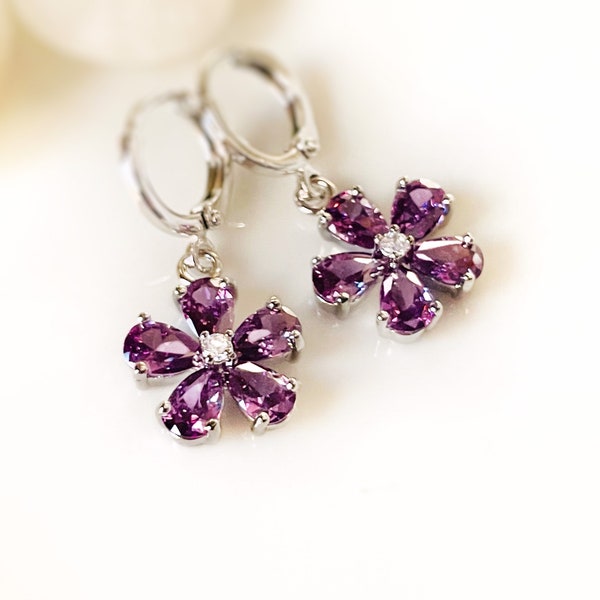 Amethyst flower dangle earrings, amethyst 2pc jewelry set, pink sapphire, rain flower earrings, birthstone earrings, gift for her