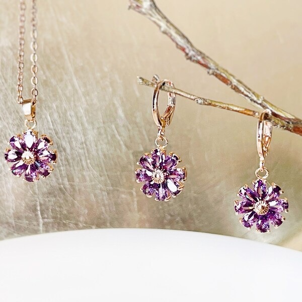 Amethyst daisy 2pc jewelry set, purple gemstone flower dangle earrings, amethyst flower earrings necklace gift set, February birthstone