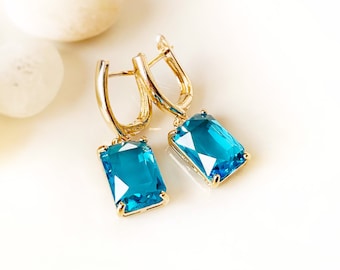 Large emerald cut blue topaz dangle earring, blue gemstone earrings, December birthstone, gift for her, gift for mom