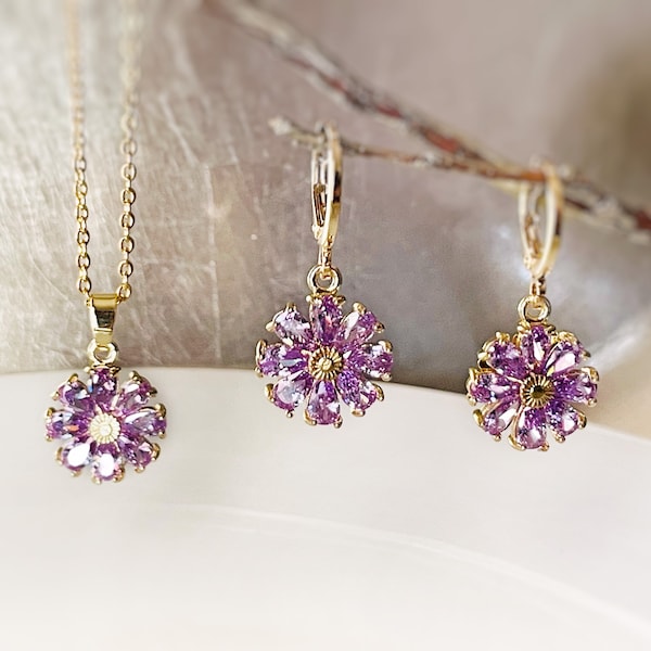 Amethyst daisy 2pc jewelry set, purple gemstone flower dangle earrings, amethyst flower earrings necklace gift set, February birthstone