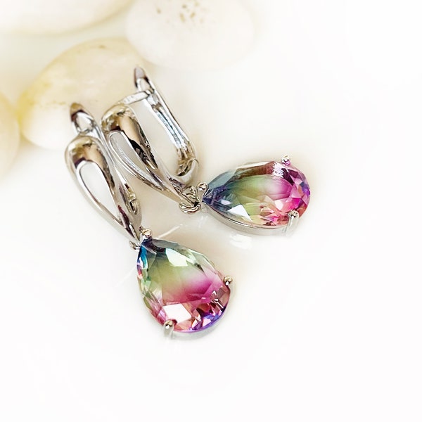 Rainbow tourmaline dangle earring, gradient tourmaline teardrop earring, pastel blue green pink gemstone earring, gift for her, gift for mom