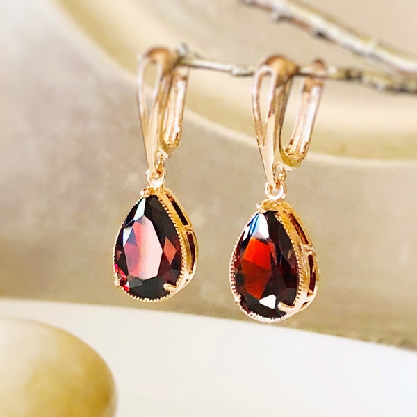 Garnet teardrop dangle earrings, large teardrop dark red gemstone earrings, red statement drop, gift for her, gift for mom, January birthday