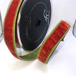 2 Toned Orange and Green Velvet Ribbon, 1 inch, 10 yards, Designer Ribbon, Farrisilk Ribbon, Wired, Velvet Ribbon, Ribbon, Orange, Green