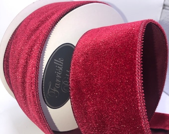 Ruby Velveteen Wired Ribbon, Farrisilk Designer Ribbon, 2.5 inch, 10 Yards