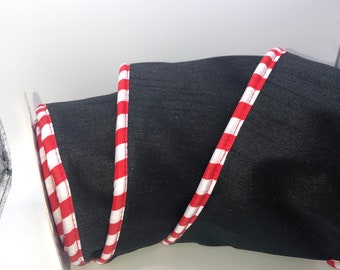 Black Dupioni Wired Ribbon, Red Candy Cane Edge, 4 inch, 5 Yards