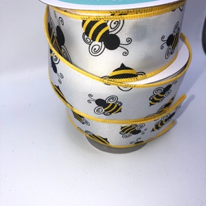 Bumble Bee White Ribbon, 1.5 inch, 10 yards, Designer Ribbon, Bumble Bee Ribbon, Wired, White Ribbon, Ribbon, Bee Ribbon