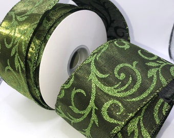 Green Glitz Scroll Ribbon, Wired Vine Ribbon, 2.5 inch 20 Yards