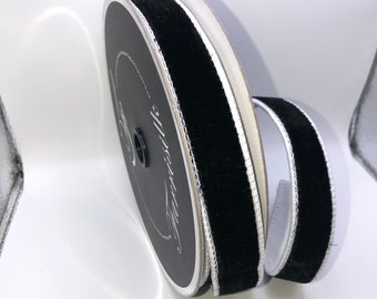 Black Velvet Ribbon, White Trim, Farrisilk Wired Ribbon, 1 inch, 10 Yards