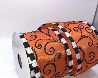Halloween Swirl Ribbon, Black and Orange Wired Ribbon, 2.5 inch, 10 Yards