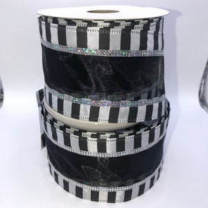 Beetlejuice Ribbon, Black and White Ticking Shear Ribbon, 2.5 inch, 10 yards, Black Ribbon, Wired, Shear Ribbon, Ribbon, Shear Ribbon
