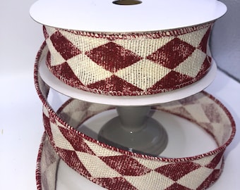Hopsack Diamond Ribbon, Vintage Natural/Red, Wired Edge (1.5 inch, 10 yards)