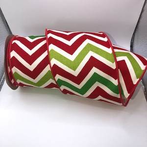 Holiday Chevron Red, Green, White Ribbon, 4 inch, 10 yards, Designer ribbon, Chevron Ribbon, Wired, Christmas Ribbon, Ribbon, Holiday