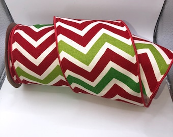 Holiday Chevron Wired Ribbon, Red Green White, 4 inch 10 Yards