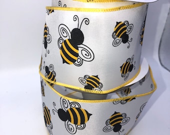 Bumble Bee Wired Ribbon, White, 2.5 inch, 10 Yards