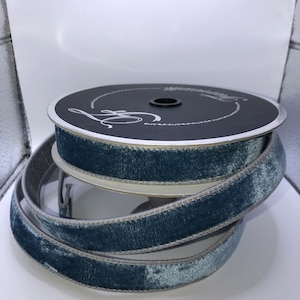 2 Toned Steel Blue Grey Velvet Ribbon, 1 inch, 10 yards, Designer ribbon, Farrisilk ribbon, wired, velvet ribbon, Ribbon, Blue, Grey
